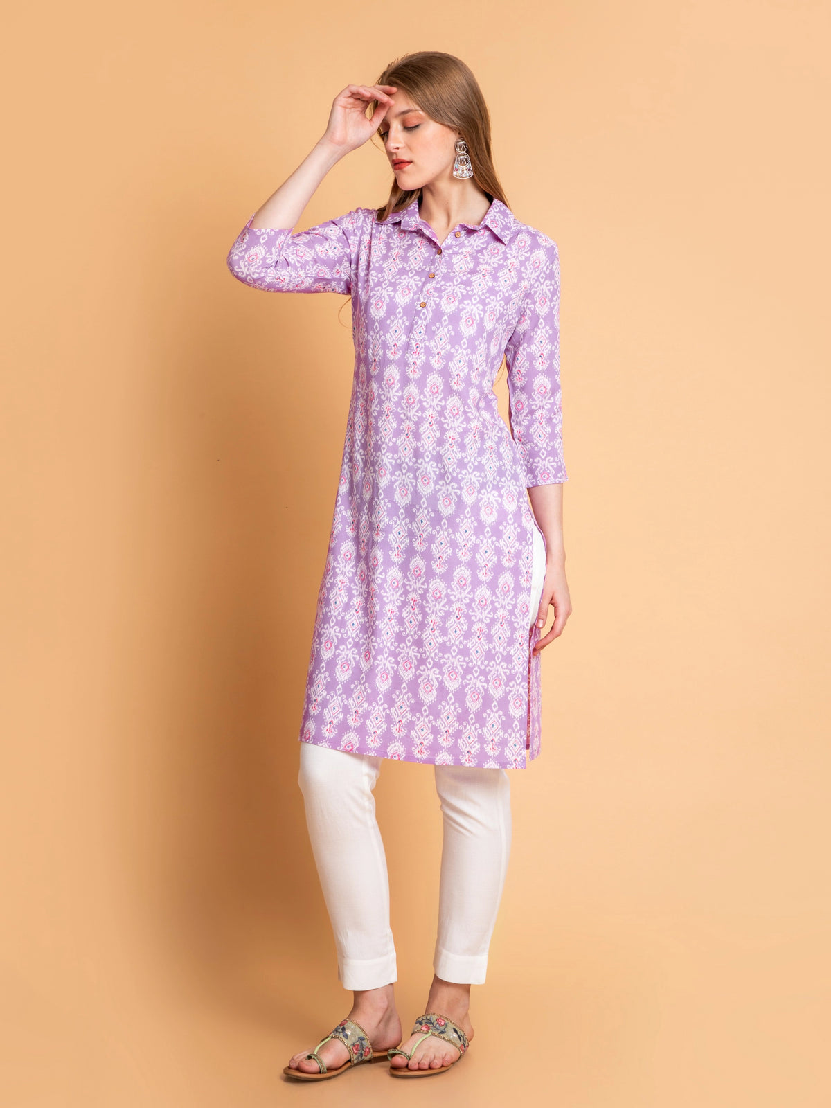 Rayon Contemporary Printed Kurti with Shirt Collar