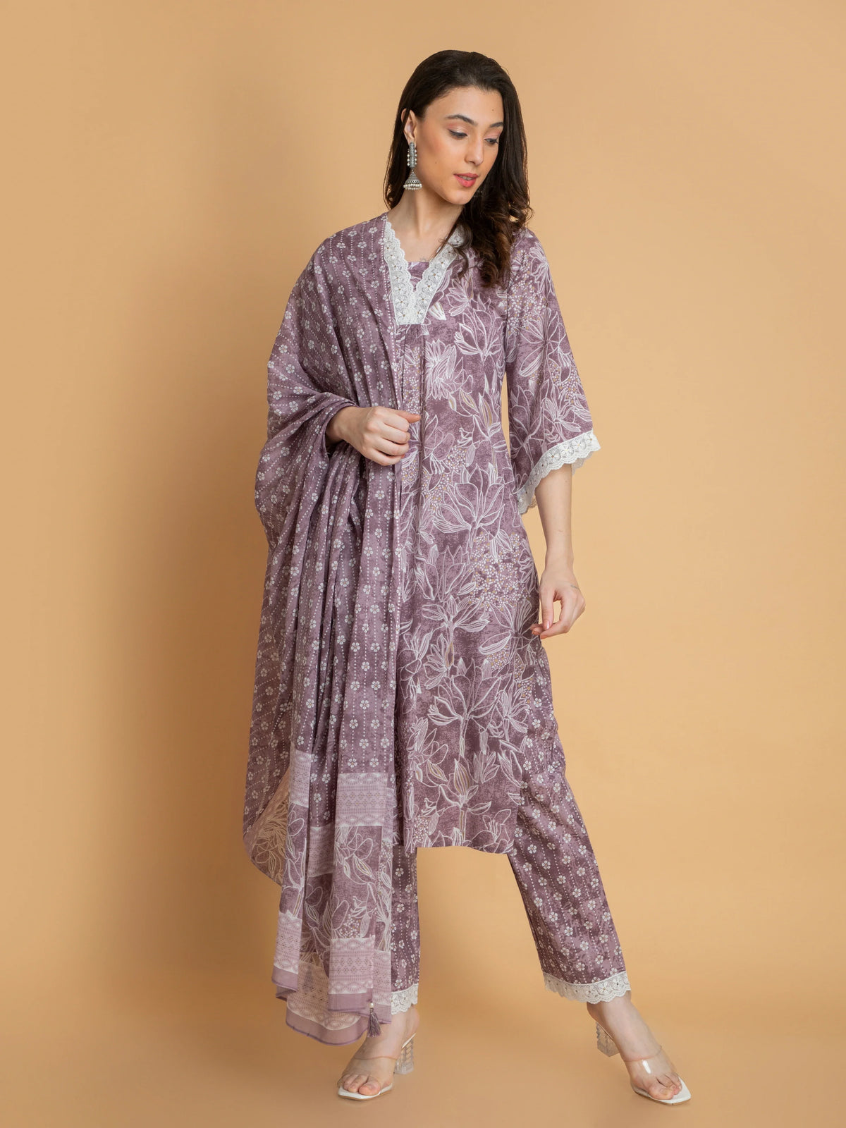 Women Beige Purple MUL COTTON 3PC PRINTED SUIT SET WITH LACE DETAILS