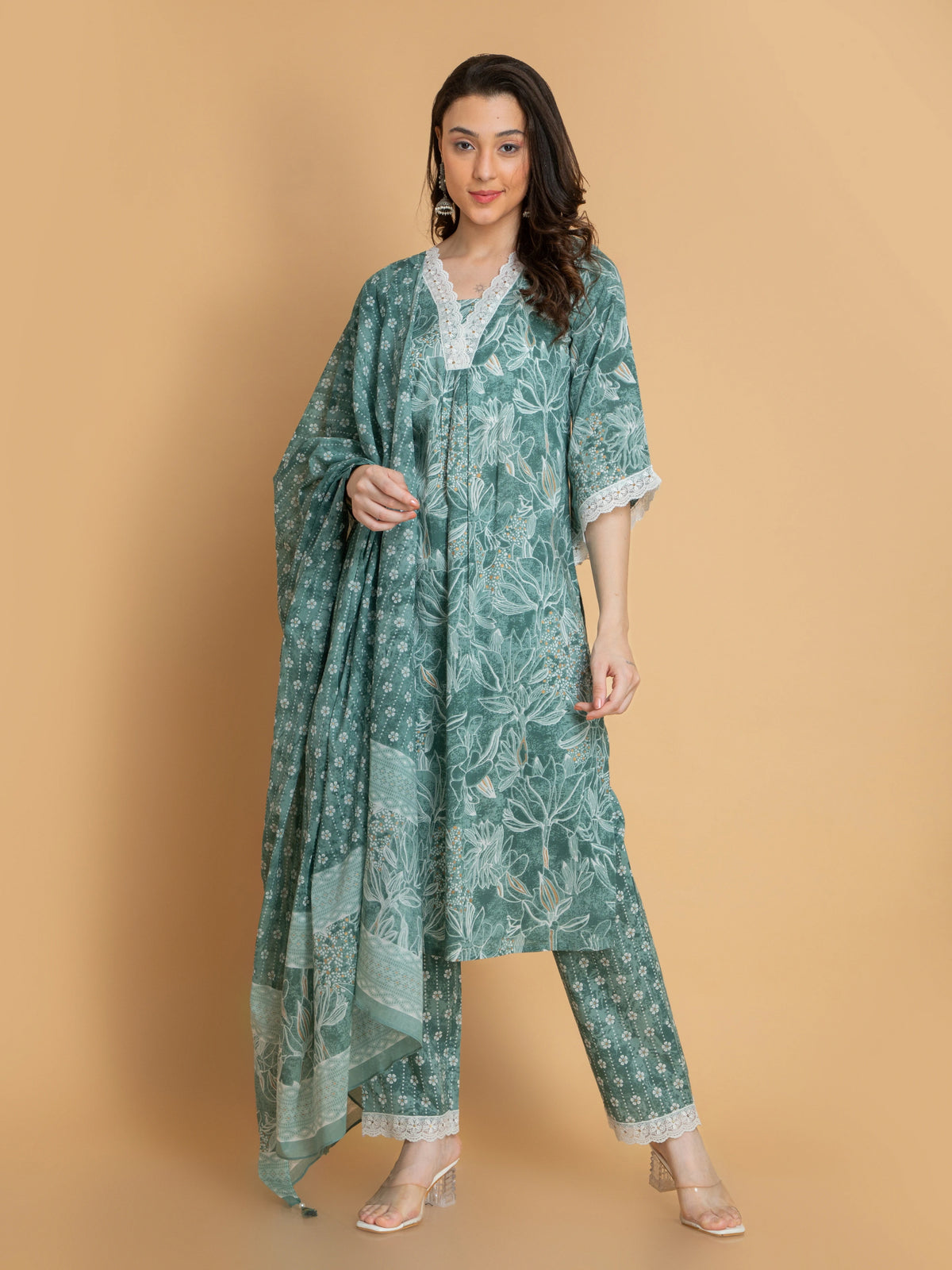 SUTI WOMEN MUL COTTON 3PC PRINTED SUIT SET WITH LACE DETAILS