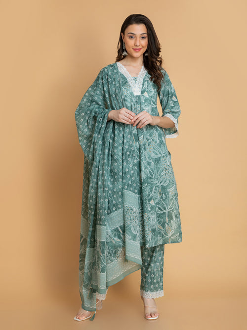 SUTI WOMEN MUL COTTON 3PC PRINTED SUIT SET WITH LACE DETAILS