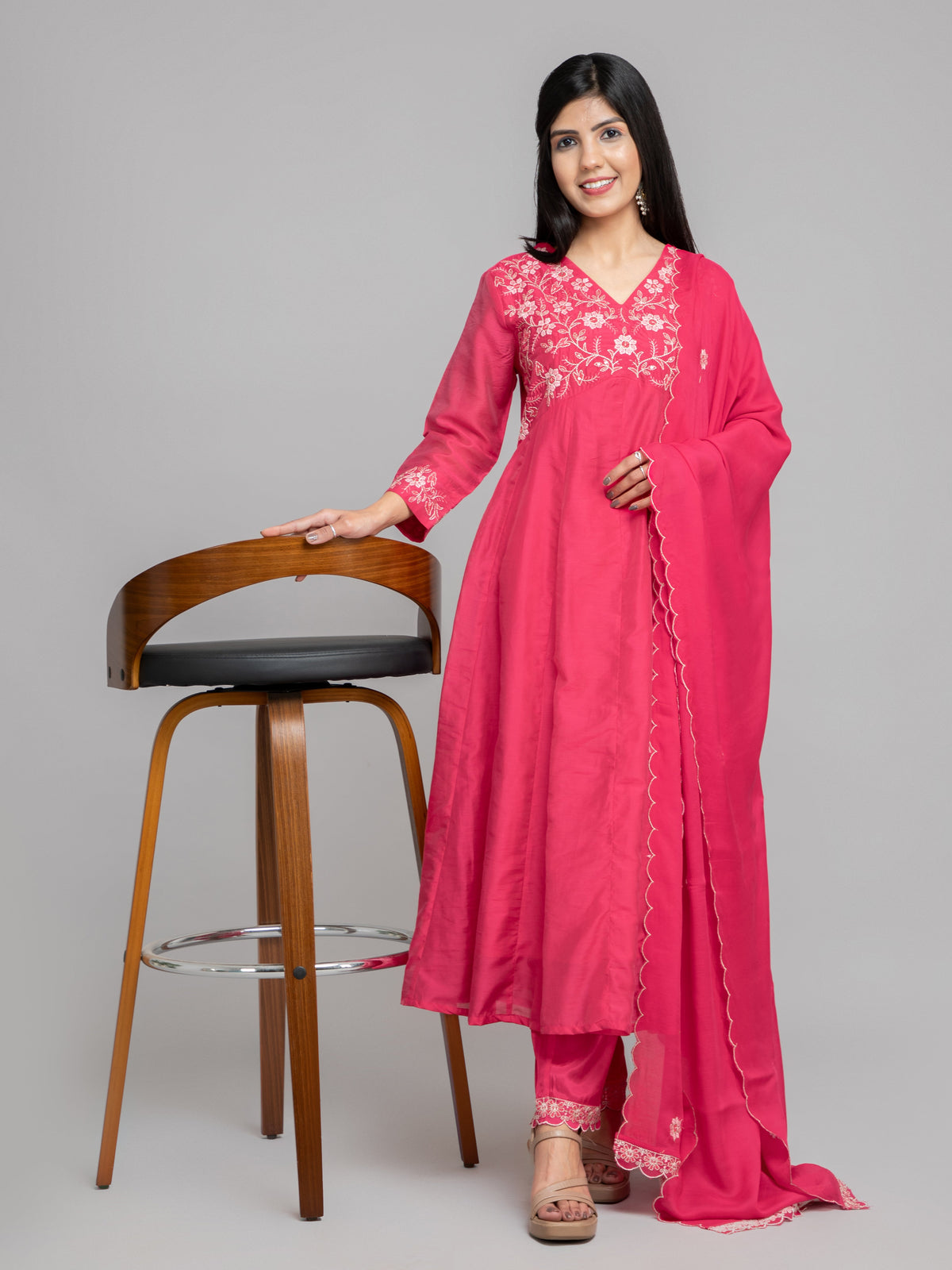 Women Bright Rose CHANDERI SILK CHIKANKARI EMBROIDERED 3PC ALIA CUT 3PC SET