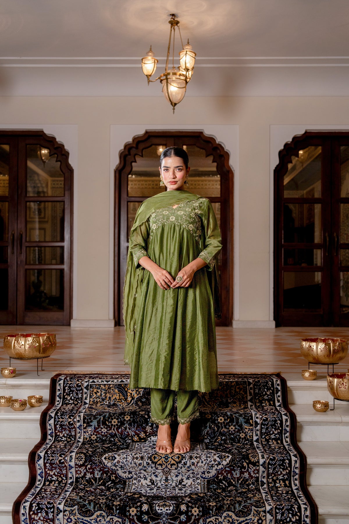 Women Dark Green CHANDERI SILK CHIKANKARI EMBROIDERED 3PC ALIA CUT 3PC SET