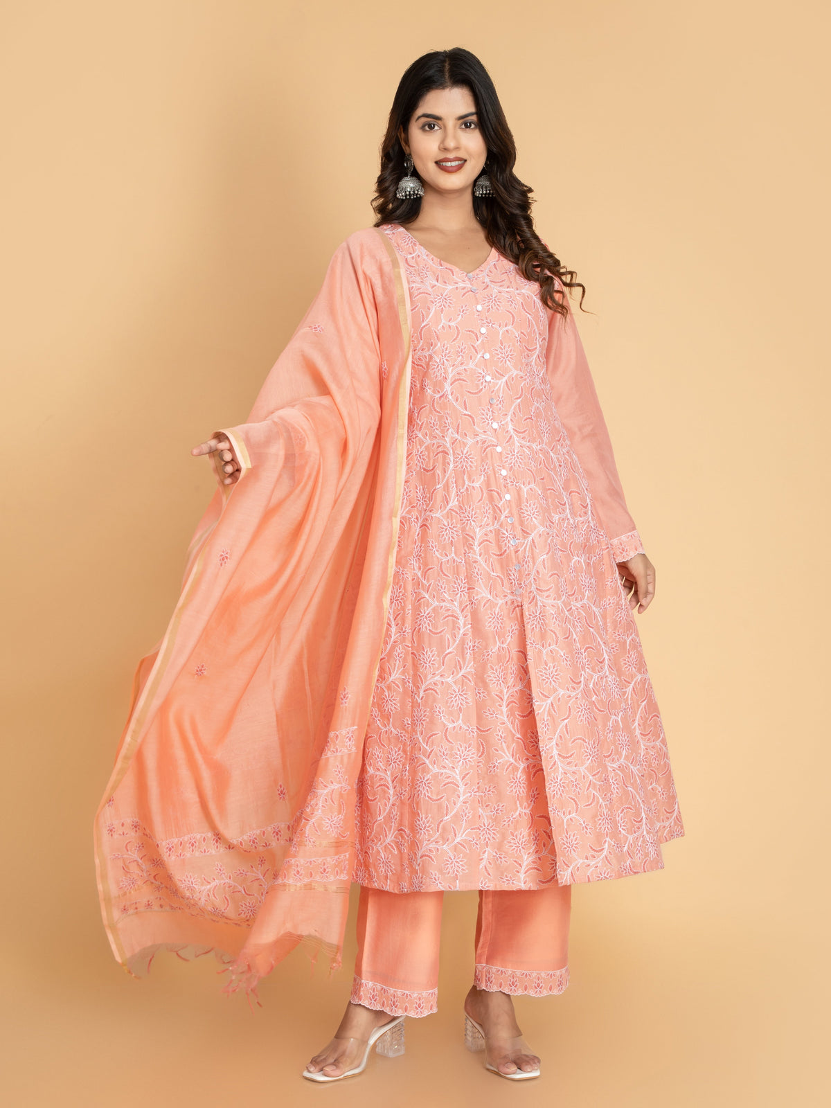 Women Fusion Coral CHIKANKARI EMBROIDERY 3PC KALIDAR CHANDERI SUIT SET