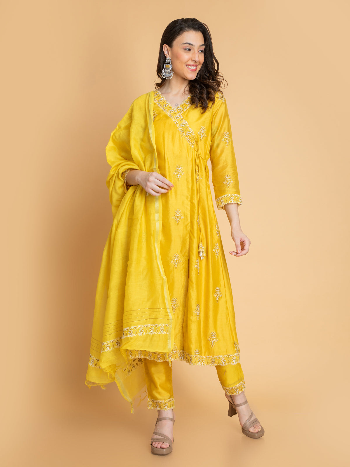 Women Golden Yellow CHIKANKARI EMBROIDERED CHANDERI 3PC ANGRAKHA SET EMBELLISHED WITH DORI LATKAN