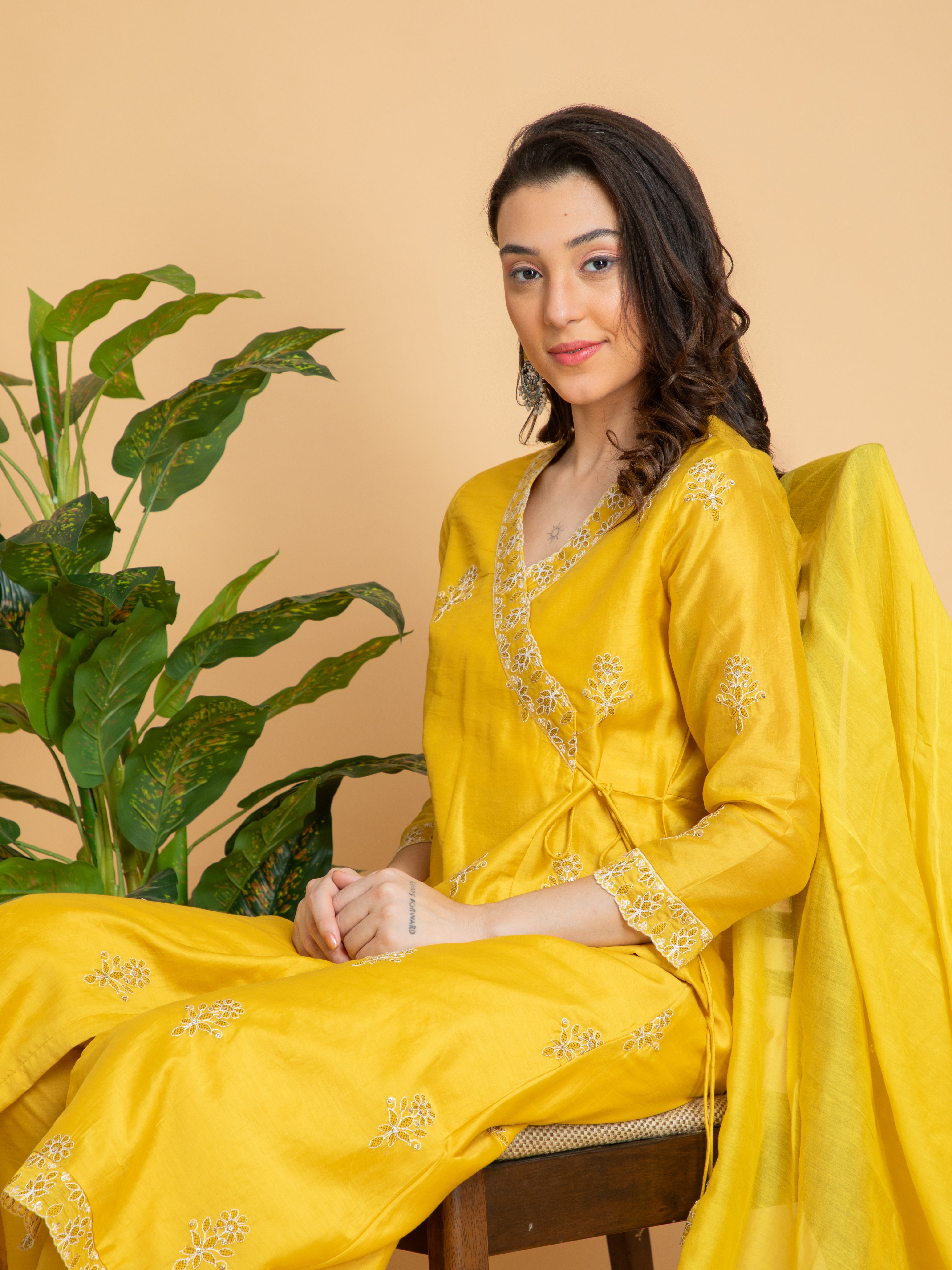 Women Golden Yellow CHIKANKARI EMBROIDERED CHANDERI 3PC ANGRAKHA SET EMBELLISHED WITH DORI LATKAN