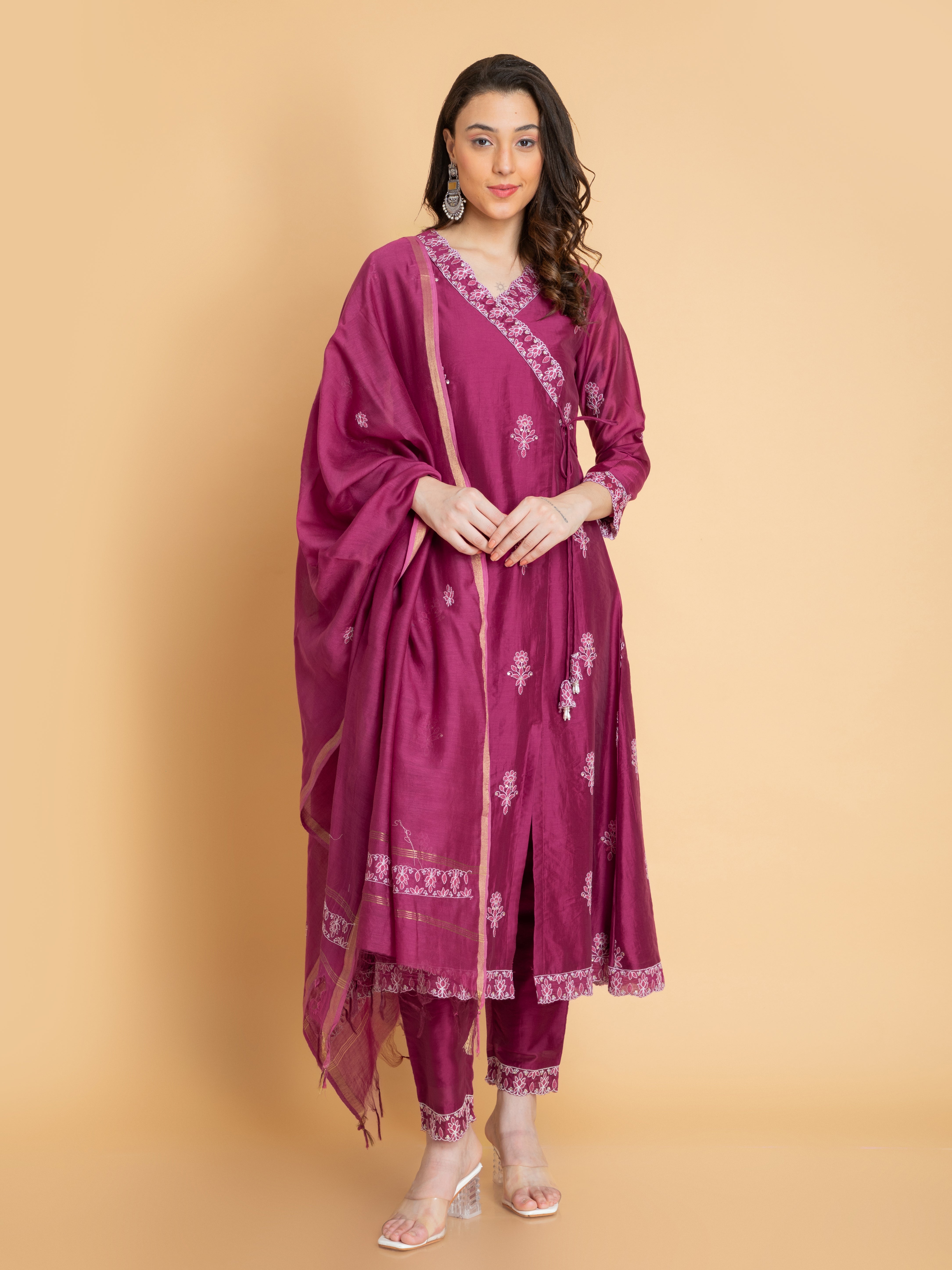 Women Red Wine CHIKANKARI EMBROIDERED CHANDERI 3PC ANGRAKHA SET EMBELLISHED WITH DORI LATKAN