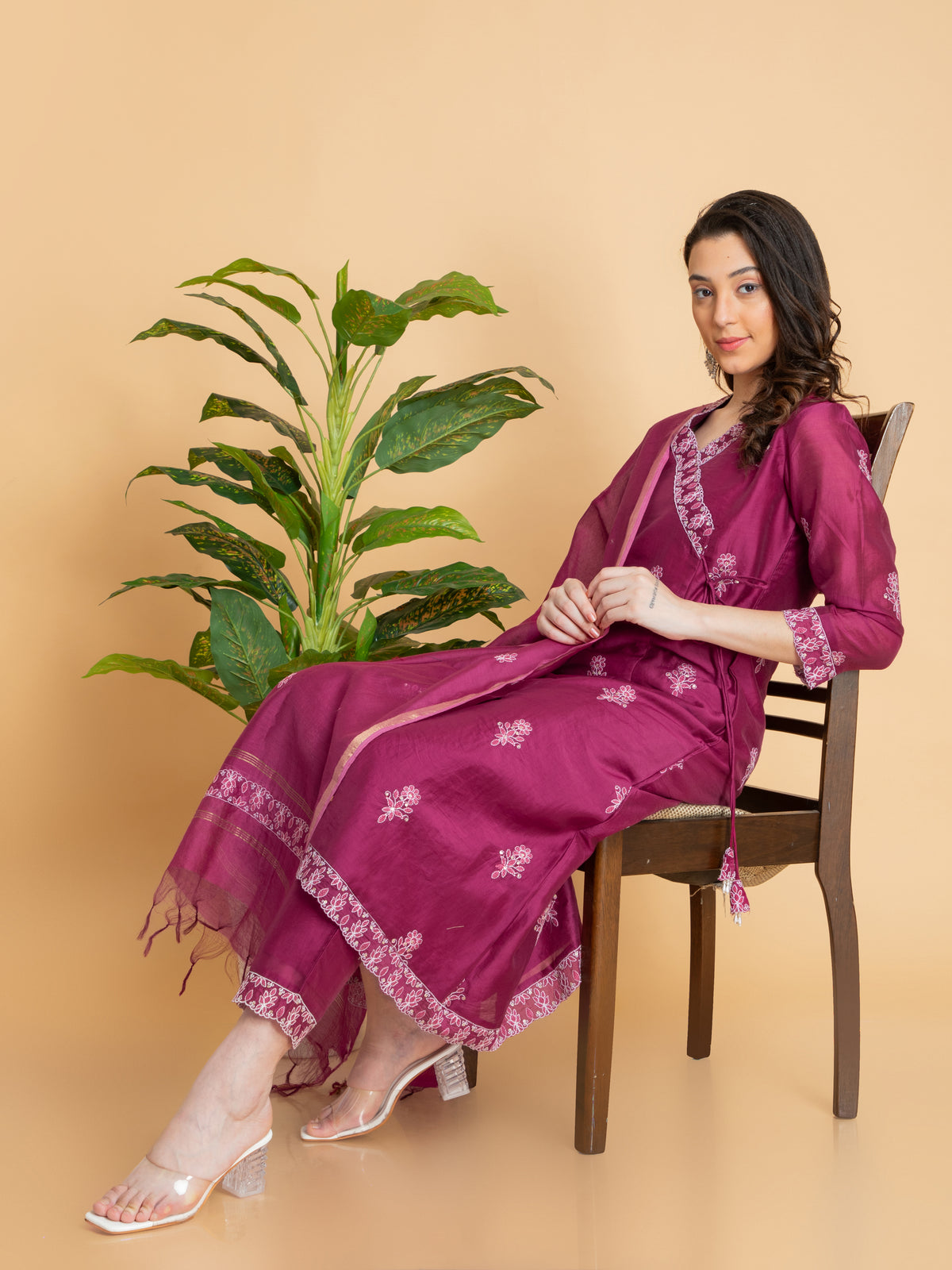 Women Red Wine CHIKANKARI EMBROIDERED CHANDERI 3PC ANGRAKHA SET EMBELLISHED WITH DORI LATKAN