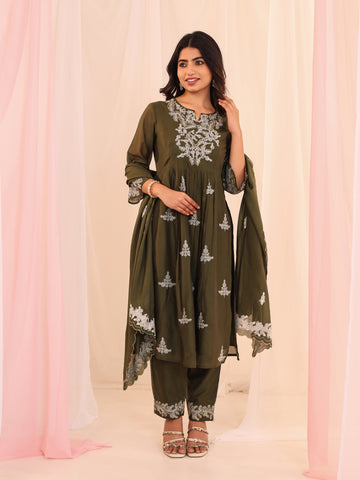 Dark Green 3 Pcs Kurta Set in Chanderi Silk