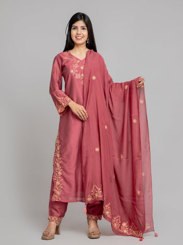 Dusty Rose 3 Pcs Kurta Set in Chanderi Silk