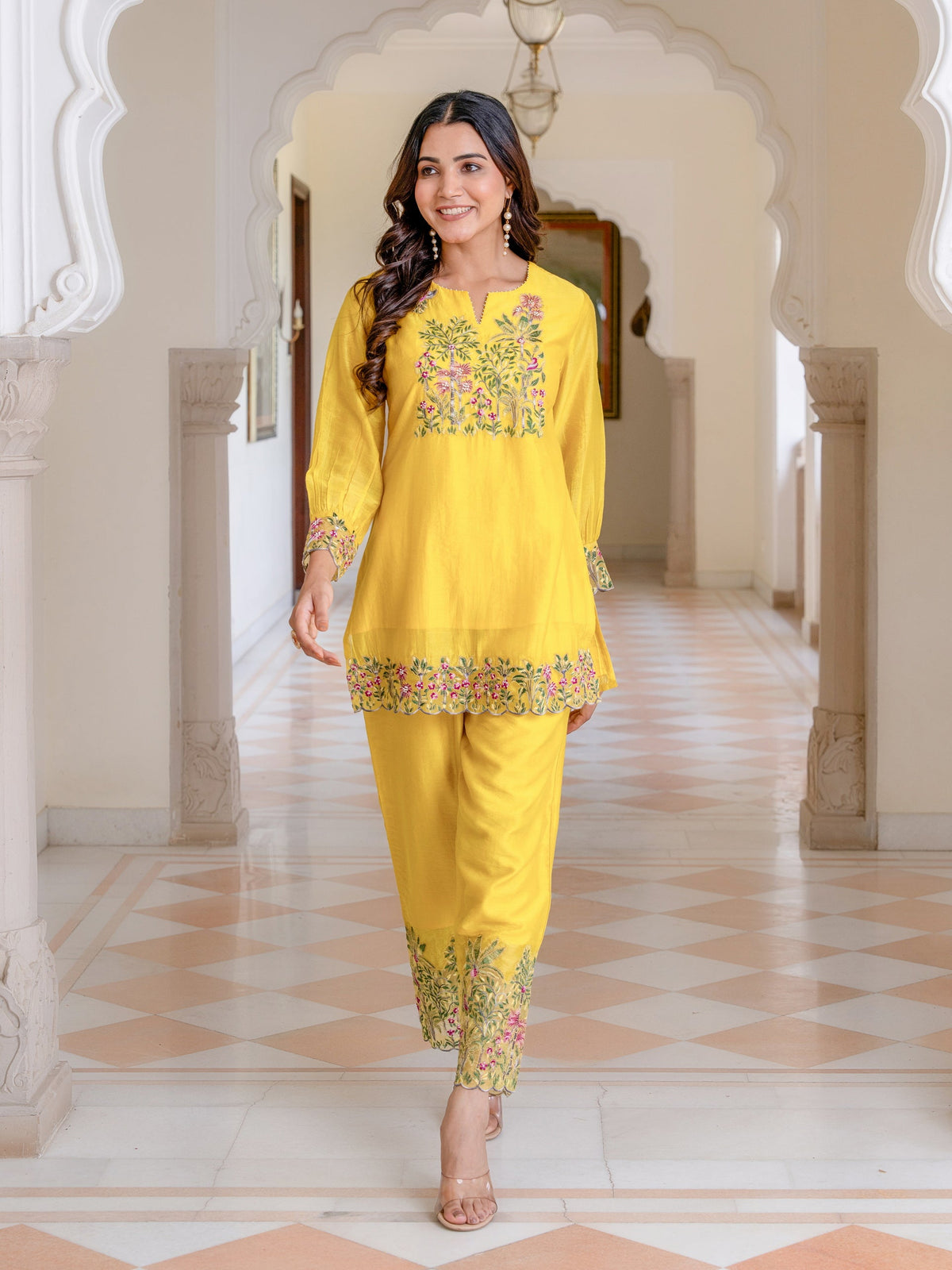 Women Golden Yellow CHANDERI SILK CHIKANKARI EMBROIDERED FASHION CO-ORD SET