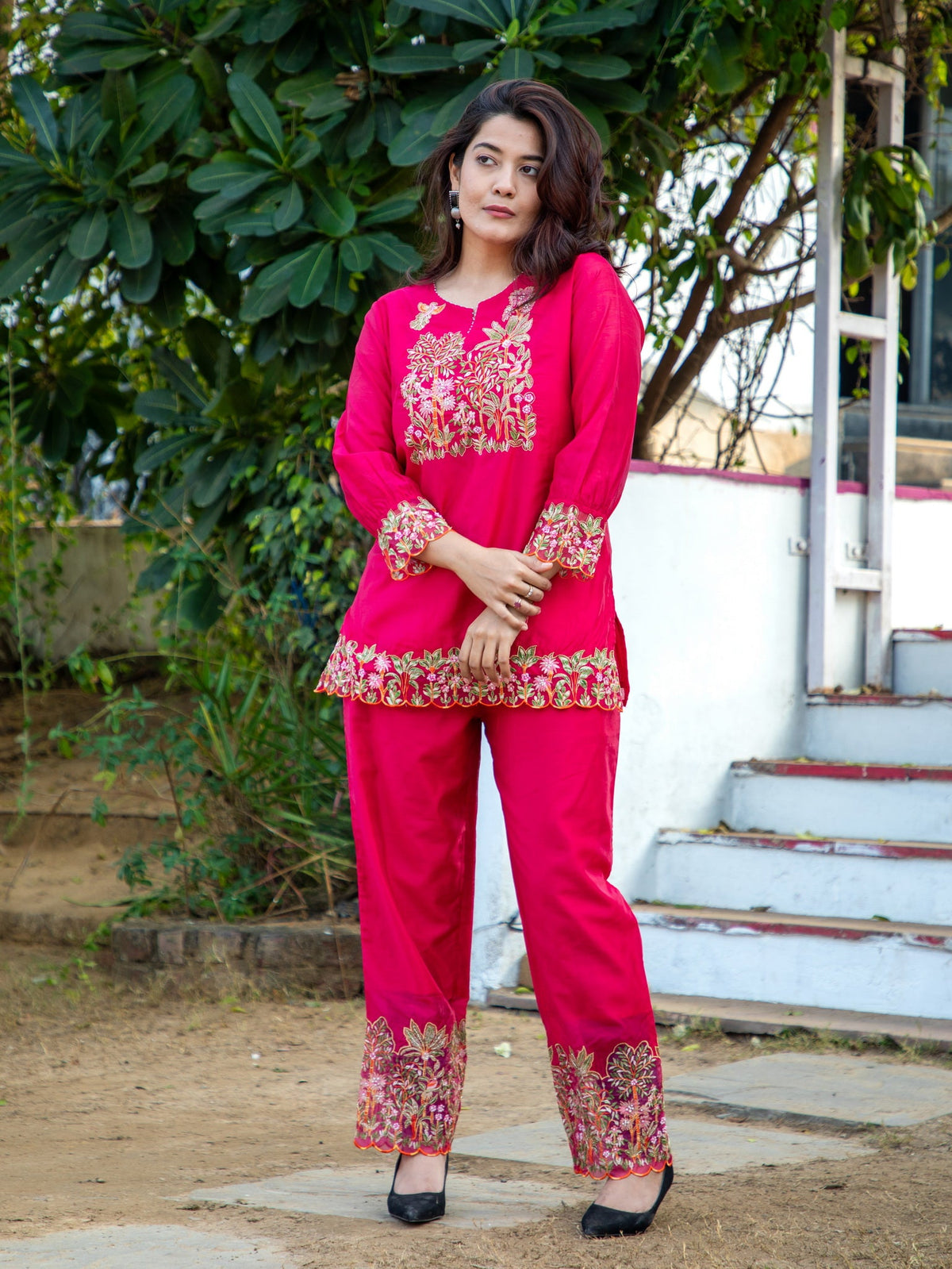 Women Bright Rose CHANDERI SILK CHIKANKARI EMBROIDERED FASHION CO-ORD SET