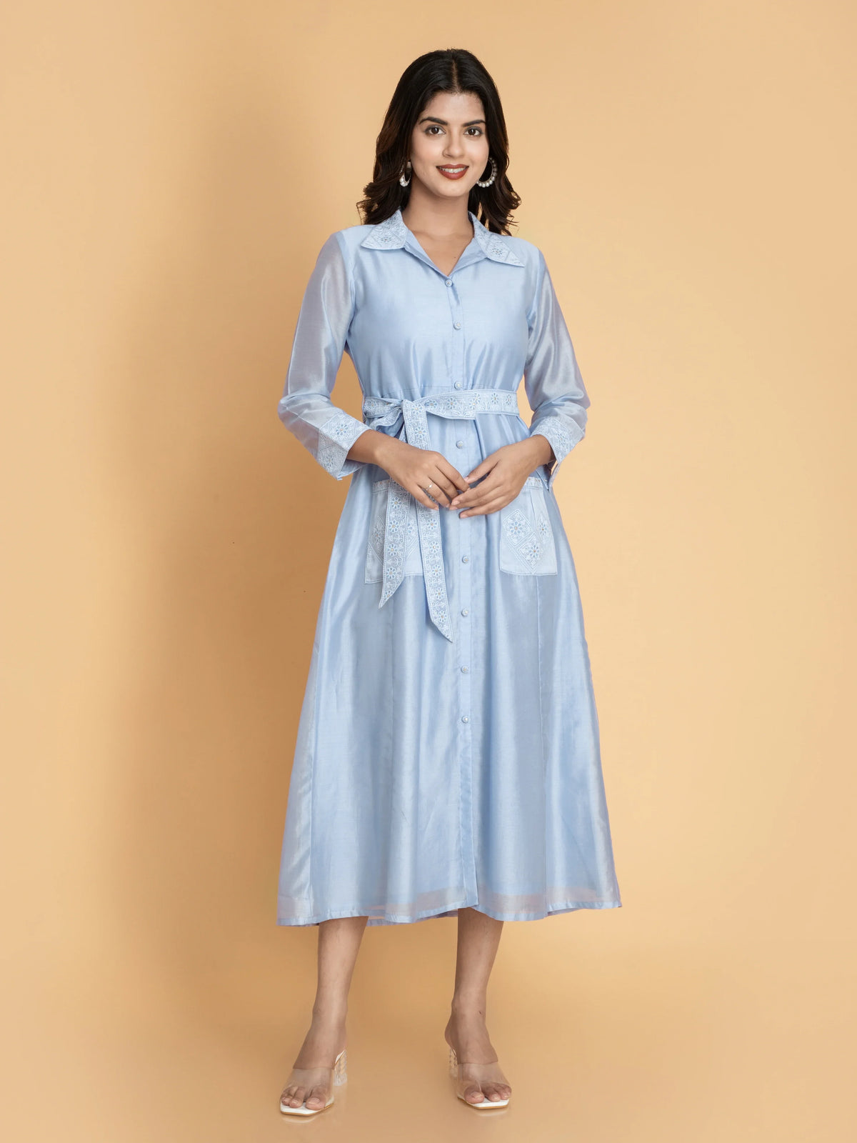 Women Powder Blue CHIKANKARI EMBROIDERED FUSION CHANDERI DRESS