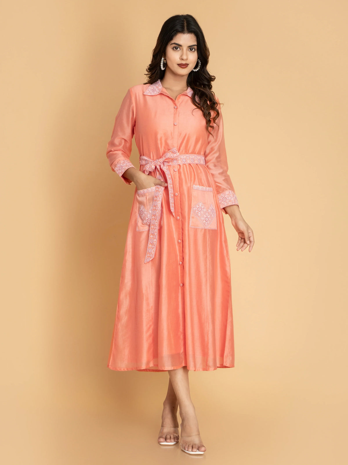 Women Fusion Coral CHIKANKARI EMBROIDERED FUSION CHANDERI DRESS