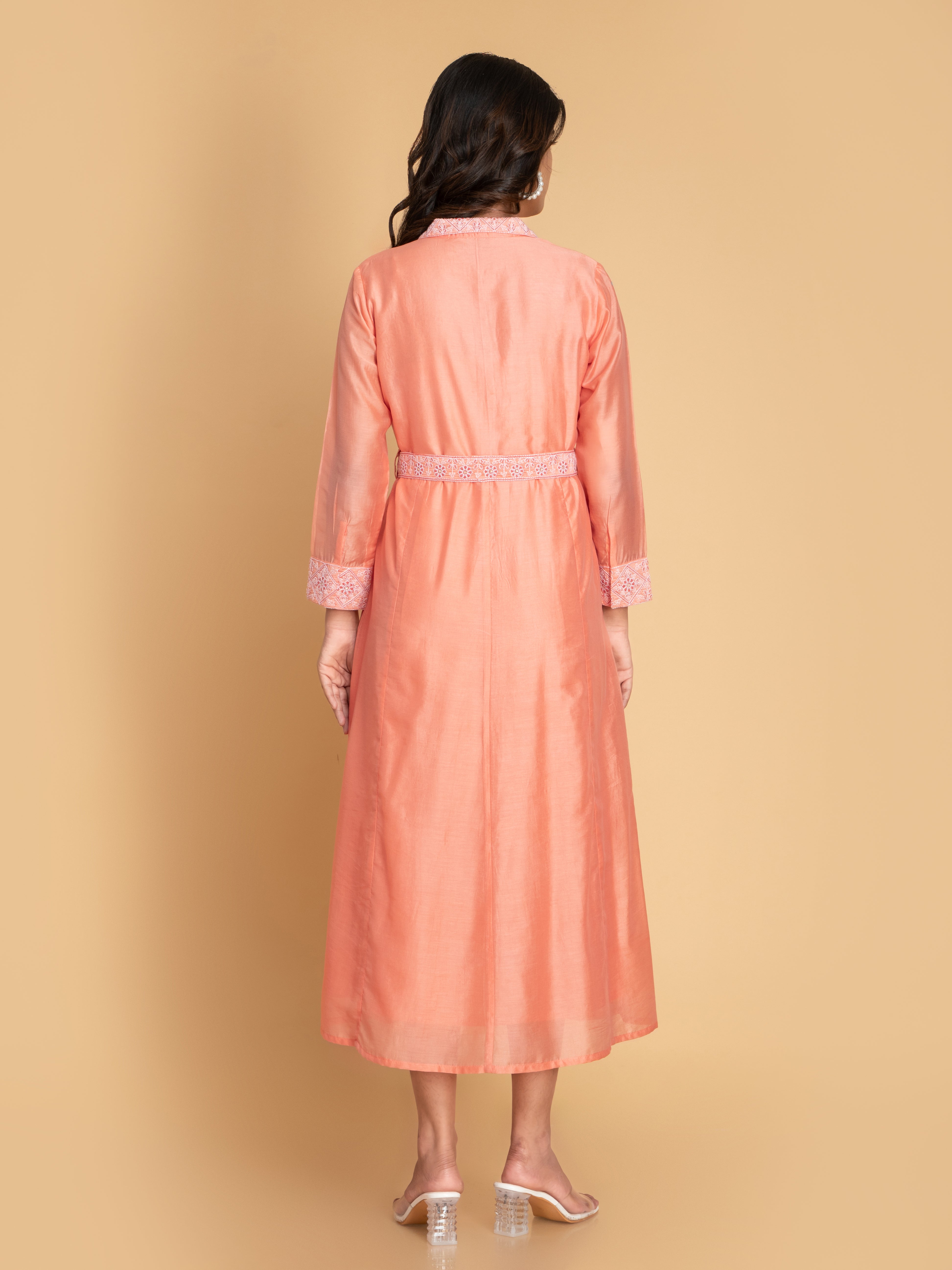 Women Fusion Coral CHIKANKARI EMBROIDERED FUSION CHANDERI DRESS