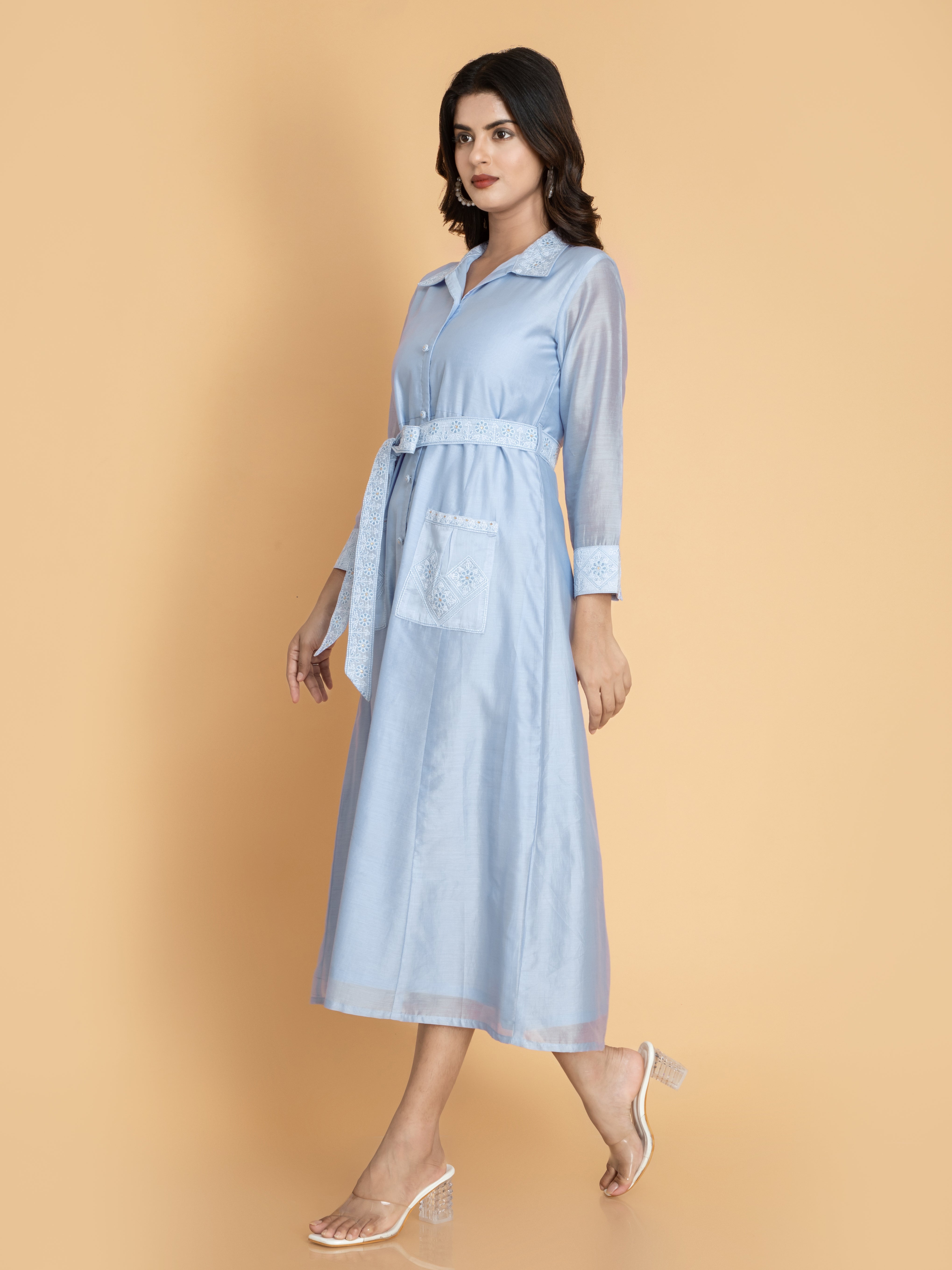 Women Powder Blue CHIKANKARI EMBROIDERED FUSION CHANDERI DRESS