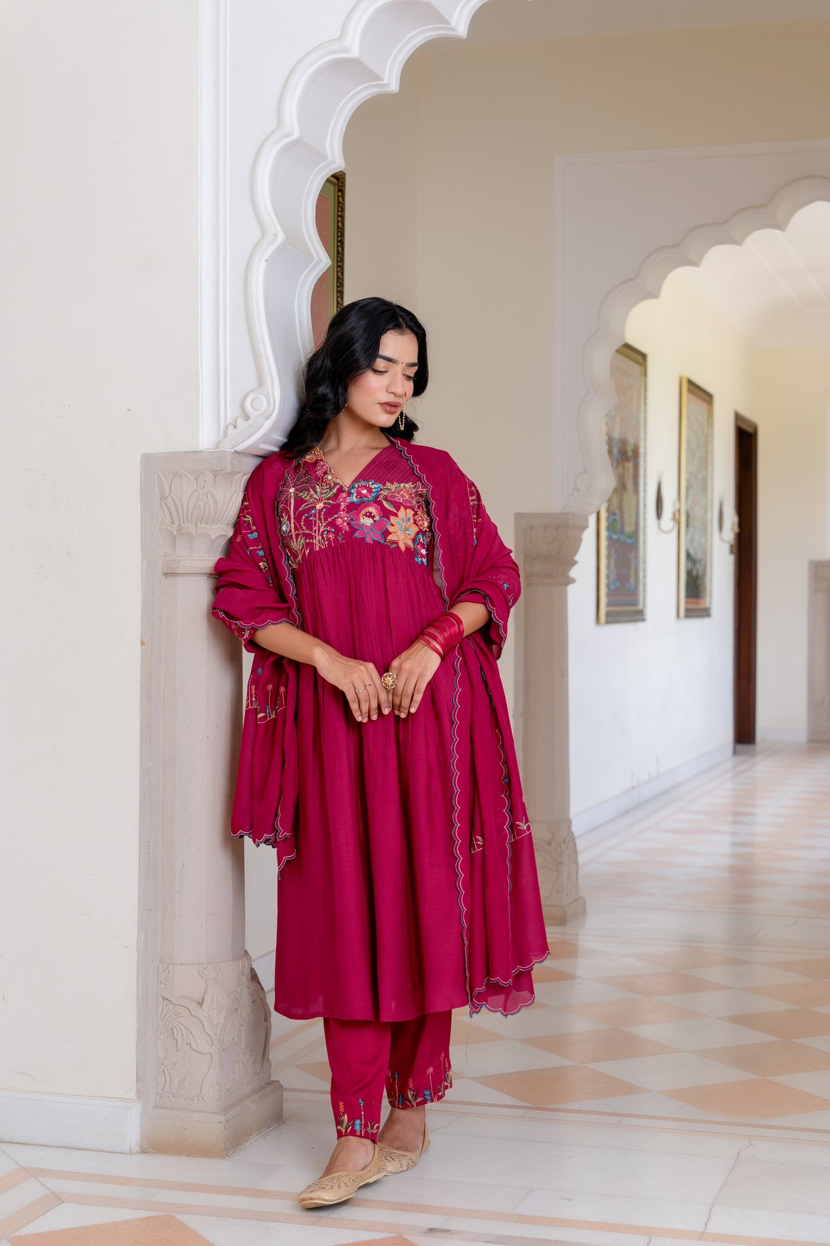 Women Maroon Red MUSLIN SILK FUSION WEAR 3PC ALIA CUT SET .