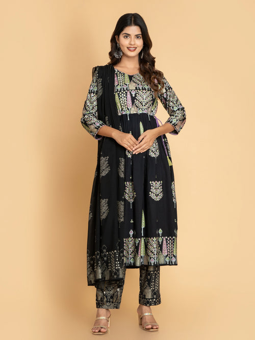 SUTI WOMEN GOLD PRINT 3PC NAIRA CUT SET EMBELLISHED WITH ADDA WORK & DORI LATKAN