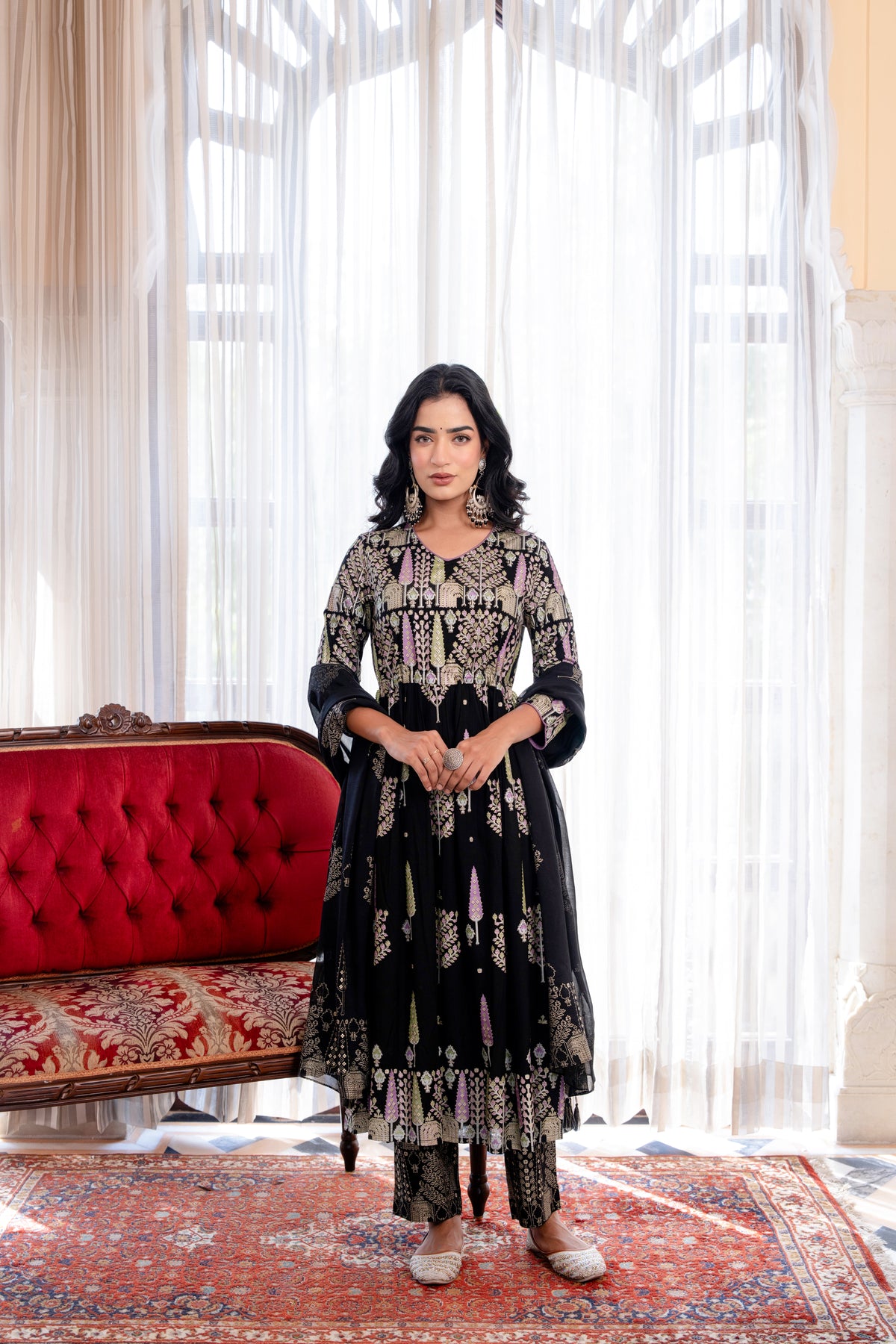 Women Jet Black GOLD PRINT 3PC NAIRA CUT SET EMBELLISHED WITH ADDA WORK & DORI LATKAN