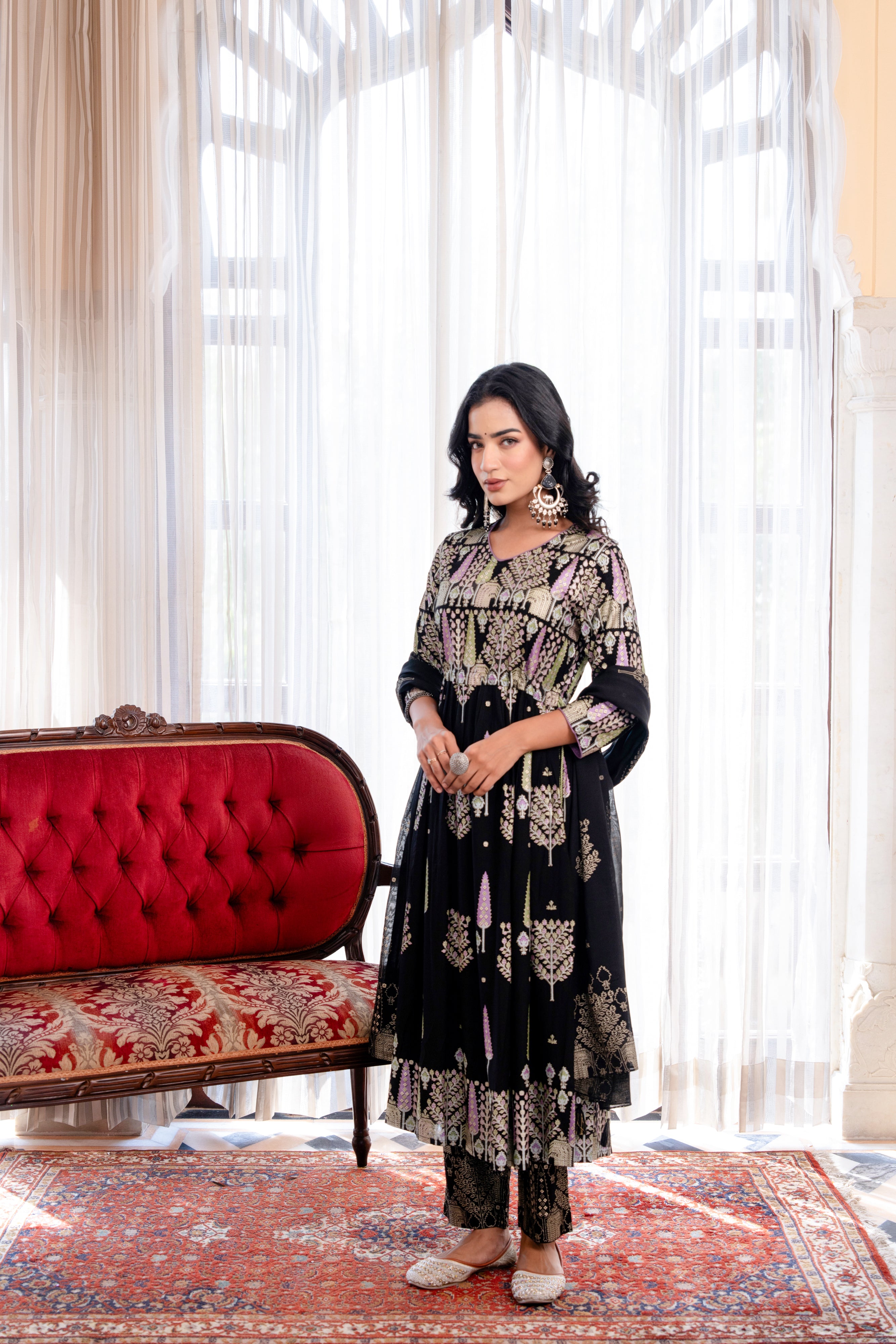 Women Jet Black GOLD PRINT 3PC NAIRA CUT SET EMBELLISHED WITH ADDA WORK & DORI LATKAN