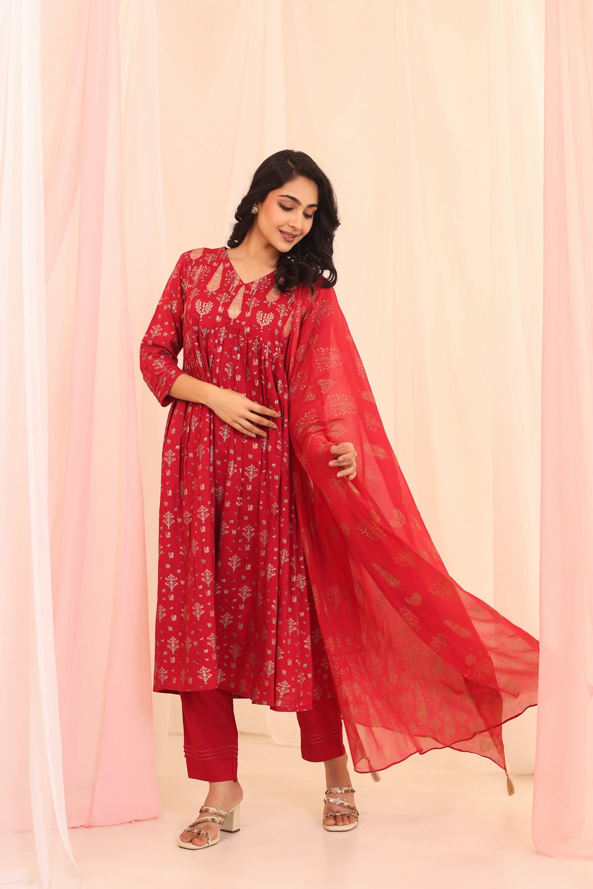 Women  Rouge Red GOLD PRINT 3PC ALIA CUT SET EMBELLISHED WITH ADDA WORK DETAILS