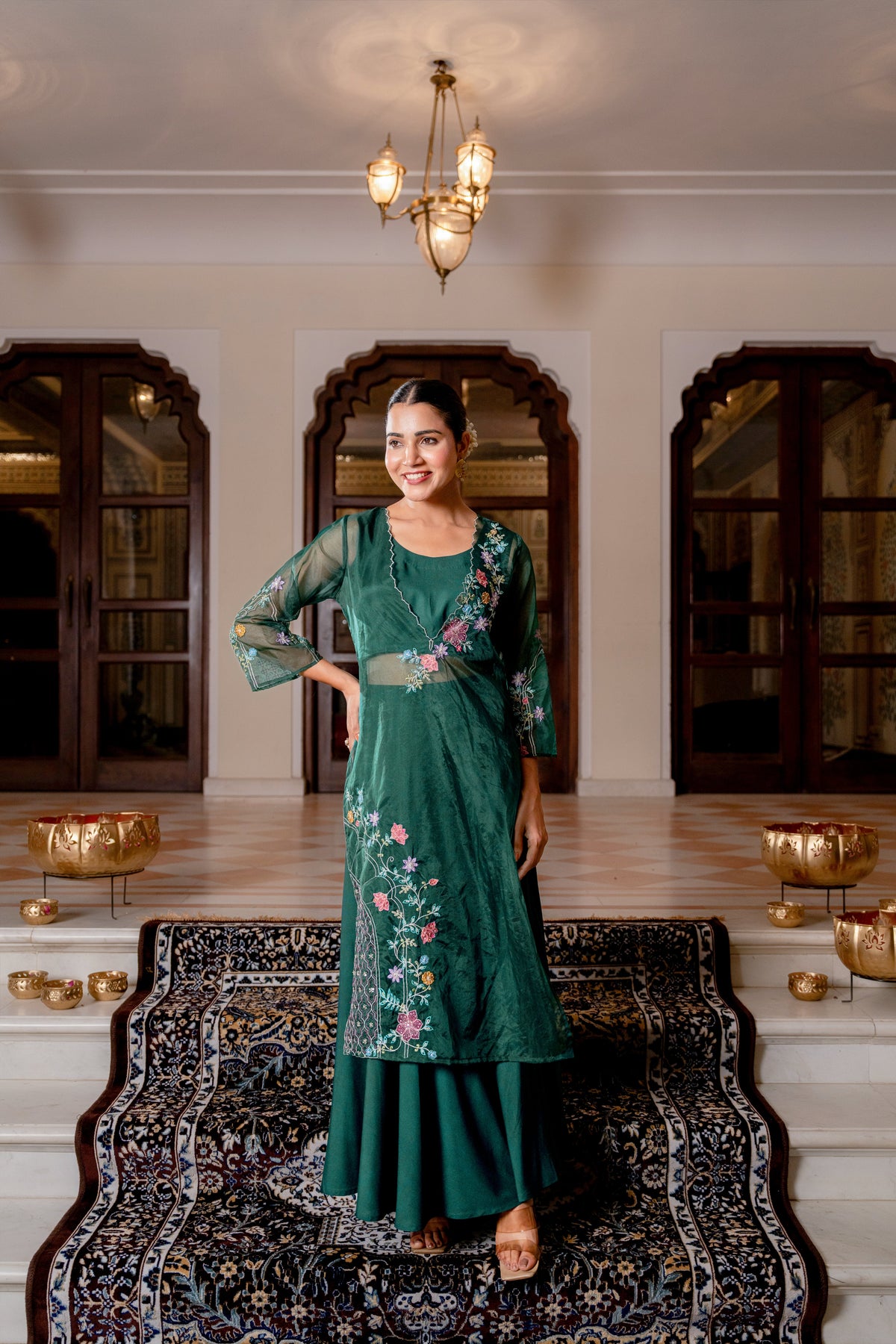Women Posy Green FUSION WEAR 3PC SKIRT TOP SET WITH ORGANZA EMBROIDER LOYERED KURTI.
