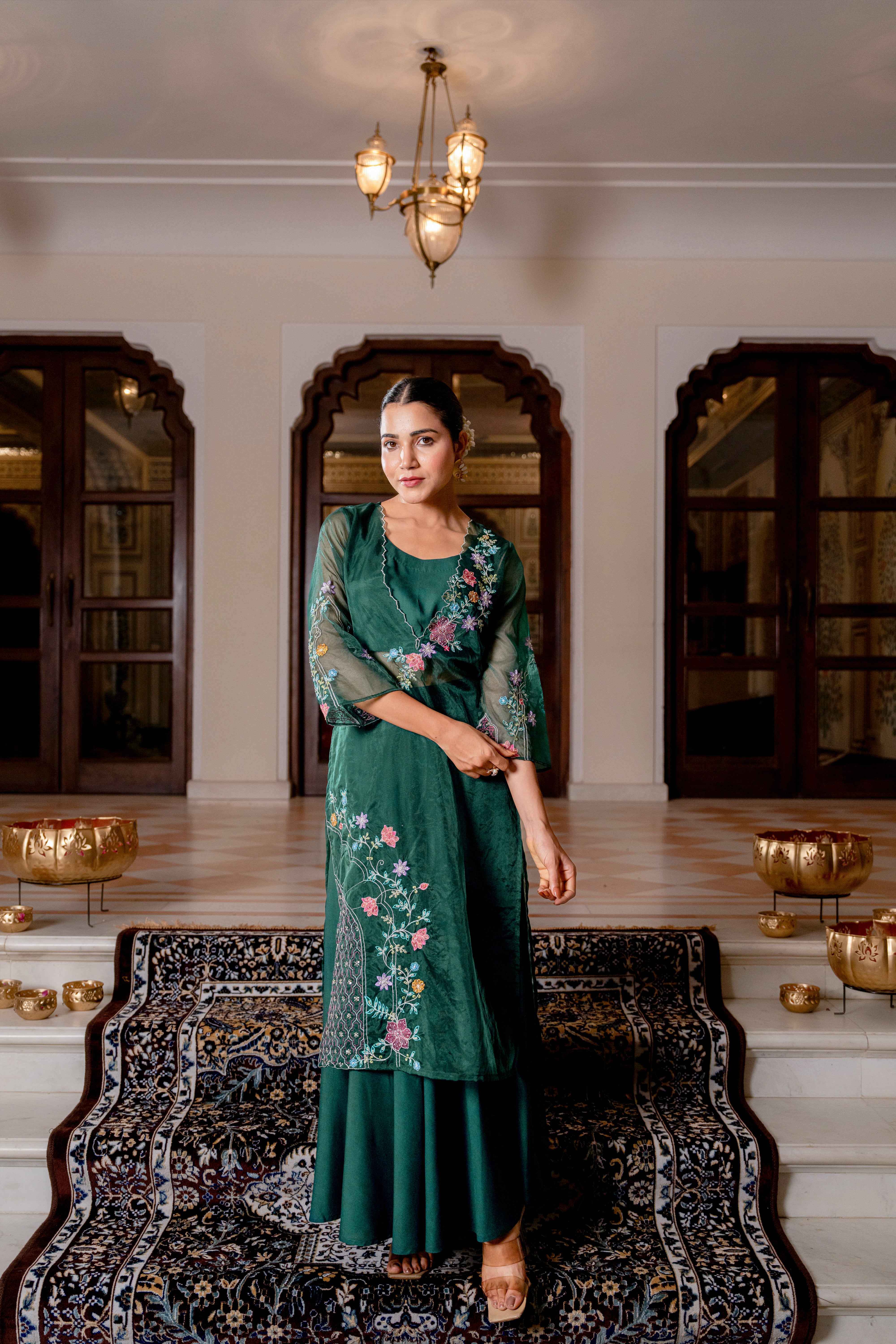 Women Posy Green FUSION WEAR 3PC SKIRT TOP SET WITH ORGANZA EMBROIDER LOYERED KURTI.
