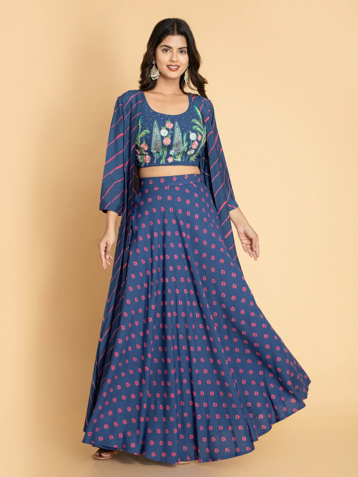 Women Russet Brown FUSION WEAR 3PC SKIRT SHRUG SET WITH COLORFUL EMBROIDERED, ADDA WORK EMBELLISHMENT