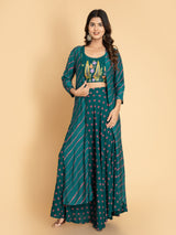 Women Posy Green FUSION WEAR 3PC SKIRT SHRUG SET WITH COLORFUL EMBROIDERED, ADDA WORK EMBELLISHMENT