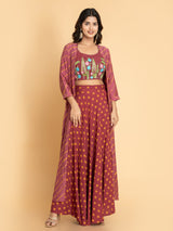 Women Indigo Blue FUSION WEAR 3PC SKIRT SHRUG SET WITH COLORFUL EMBROIDERED, ADDA WORK EMBELLISHMENT