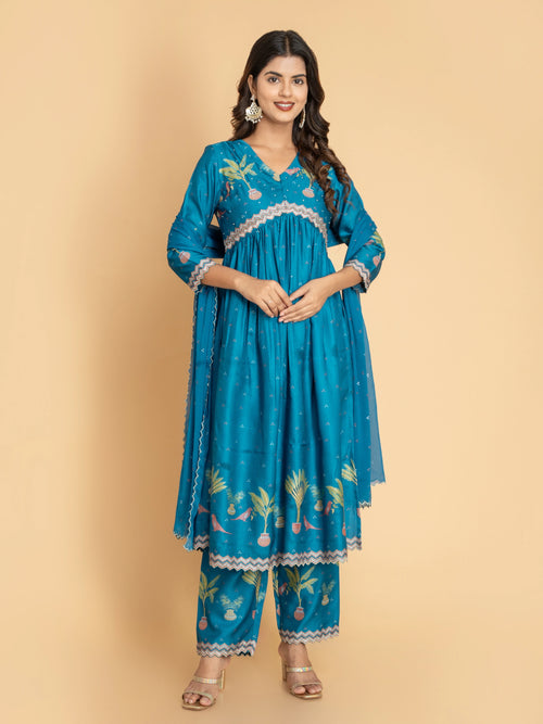 SILK BASE 3PC ALIA CUT PRINTED SET EMBELLISHED WITH ADDA WORK DETAILS