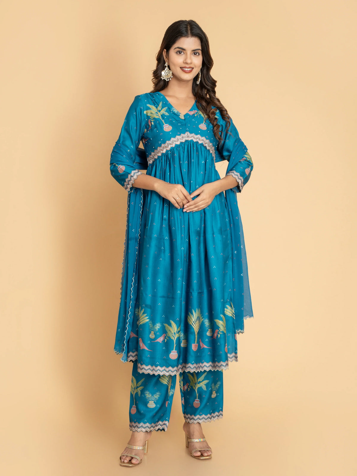 Women Bright Cobalt SILK BASE 3PC ALIA CUT PRINTED SET EMBELLISHED WITH ADDA WORK DETAILS