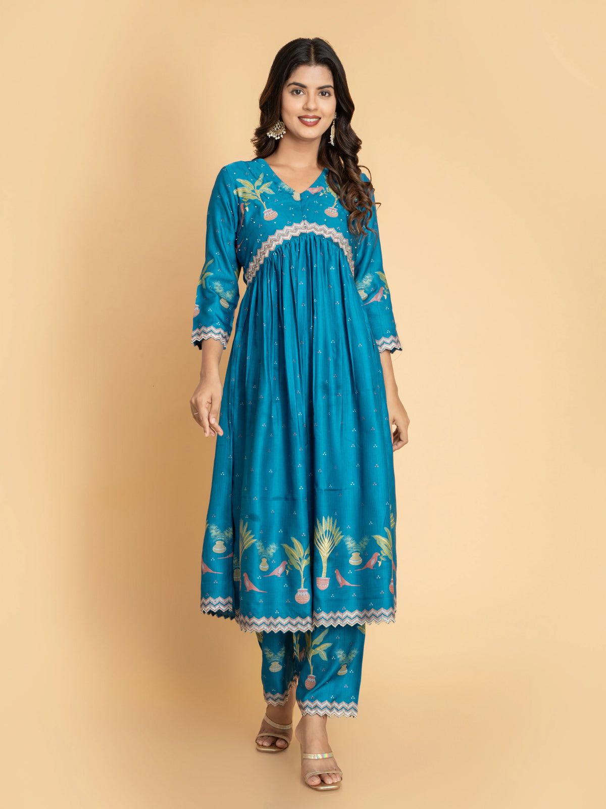 SILK BASE 3PC ALIA CUT PRINTED SET EMBELLISHED WITH ADDA WORK DETAILS