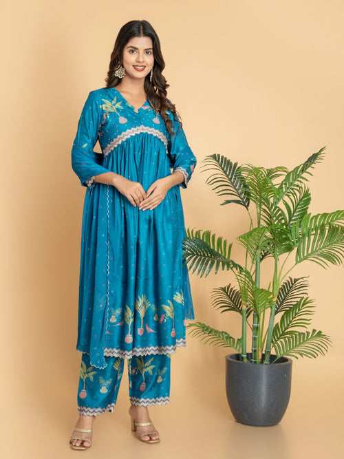 SILK BASE 3PC ALIA CUT PRINTED SET EMBELLISHED WITH ADDA WORK DETAILS