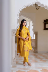 Women Mineral Yellow RICH SILK 3PC SET EMBELLISHED WITH PLACEMENT EMBROIDERY & ADDA WORK DETAILS