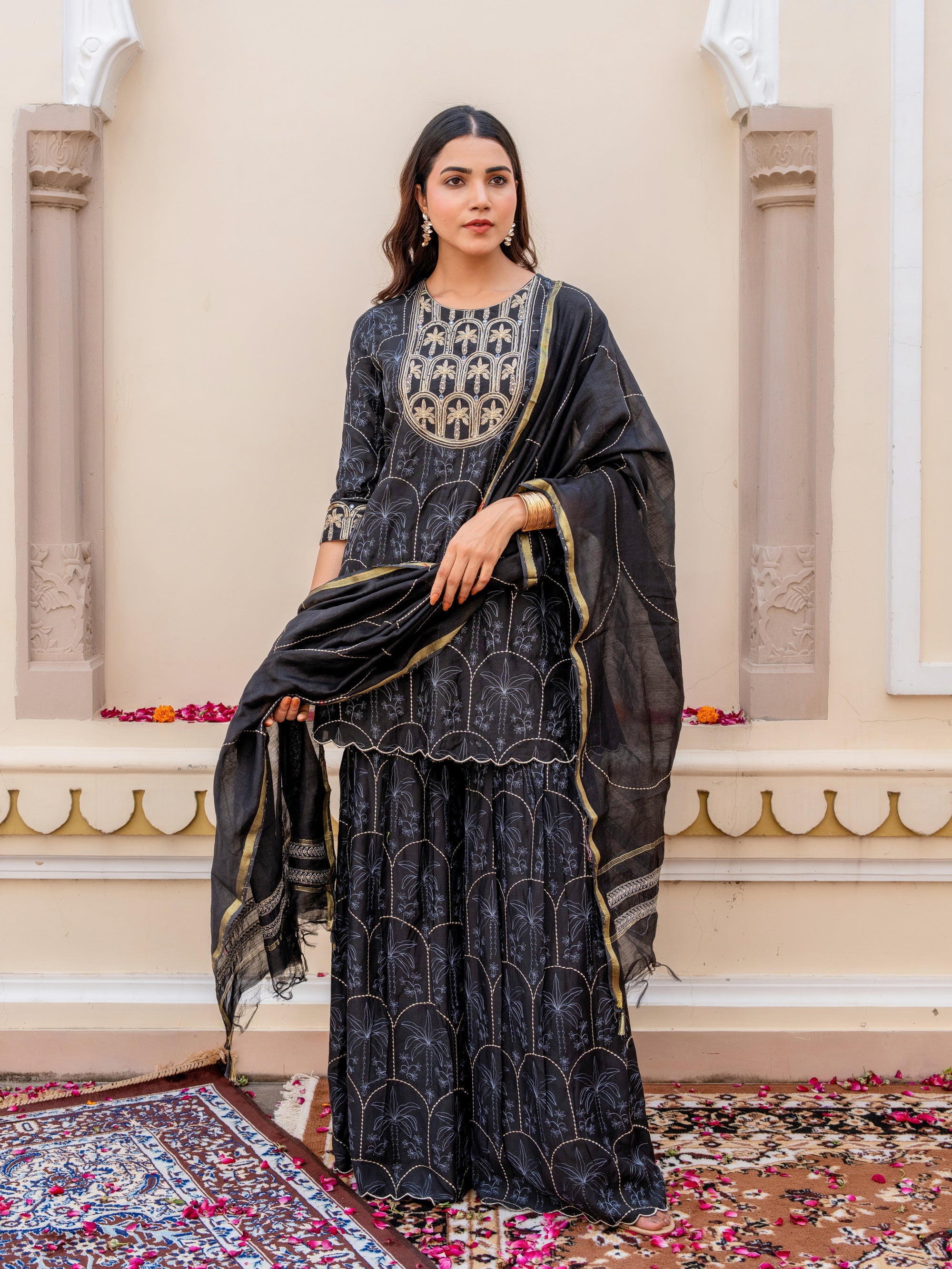 Black 3 Pcs Kurta Set in Muslin