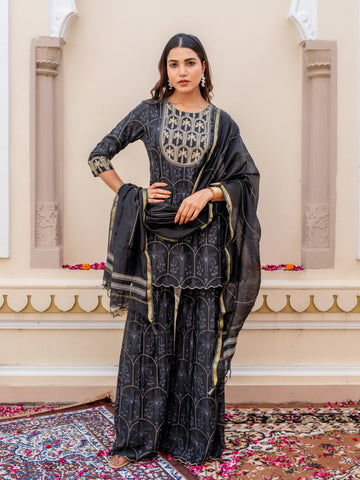 Black 3 Pcs Kurta Set in Muslin