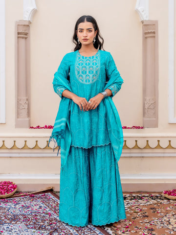 Deep Lake 3 Pcs Kurta Set in Muslin