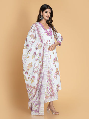 Offwhite Pink 3 Pcs Kurta Set in Mul Cotton