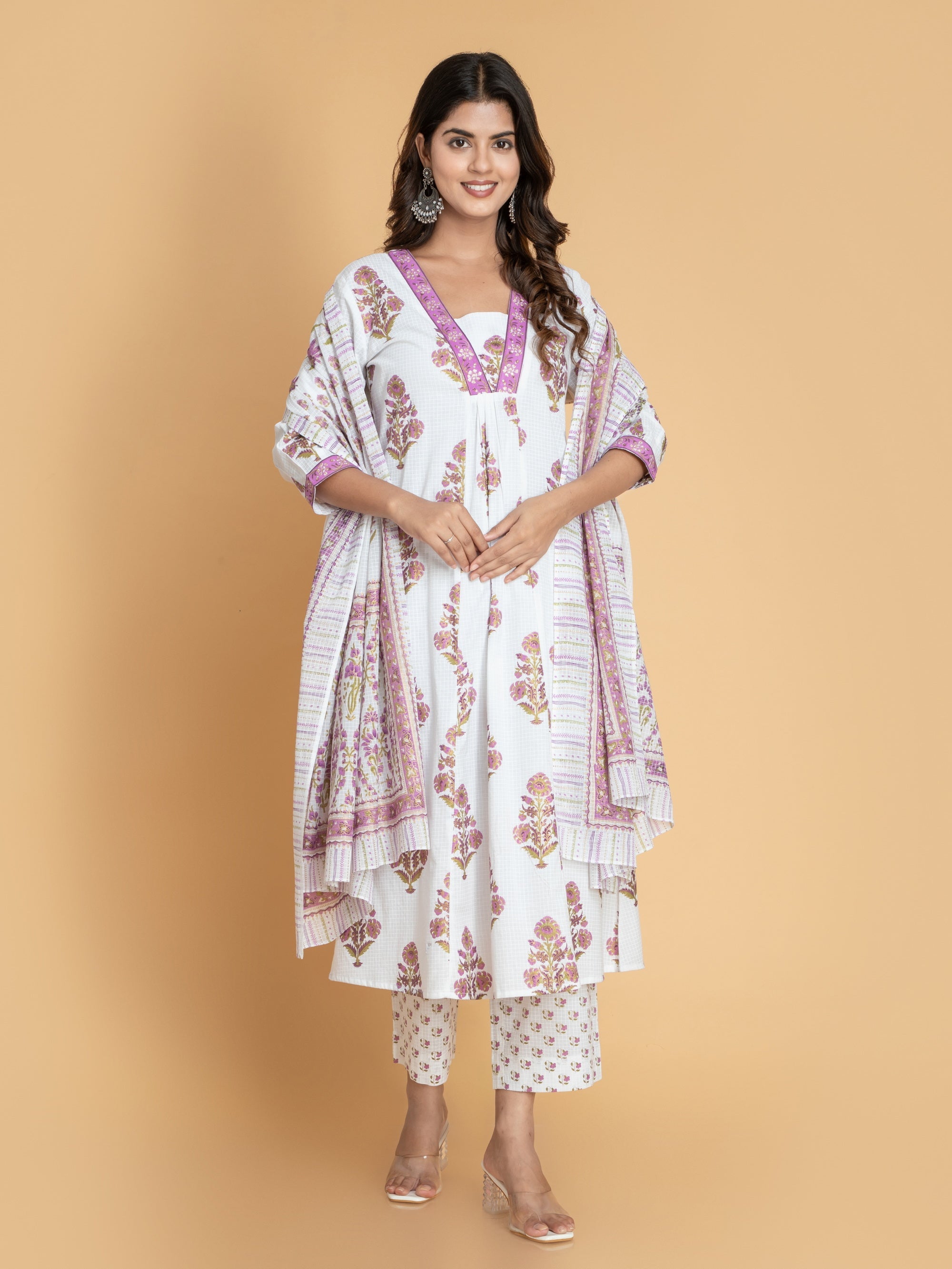 Offwhite Pink 3 Pcs Kurta Set in Mul Cotton