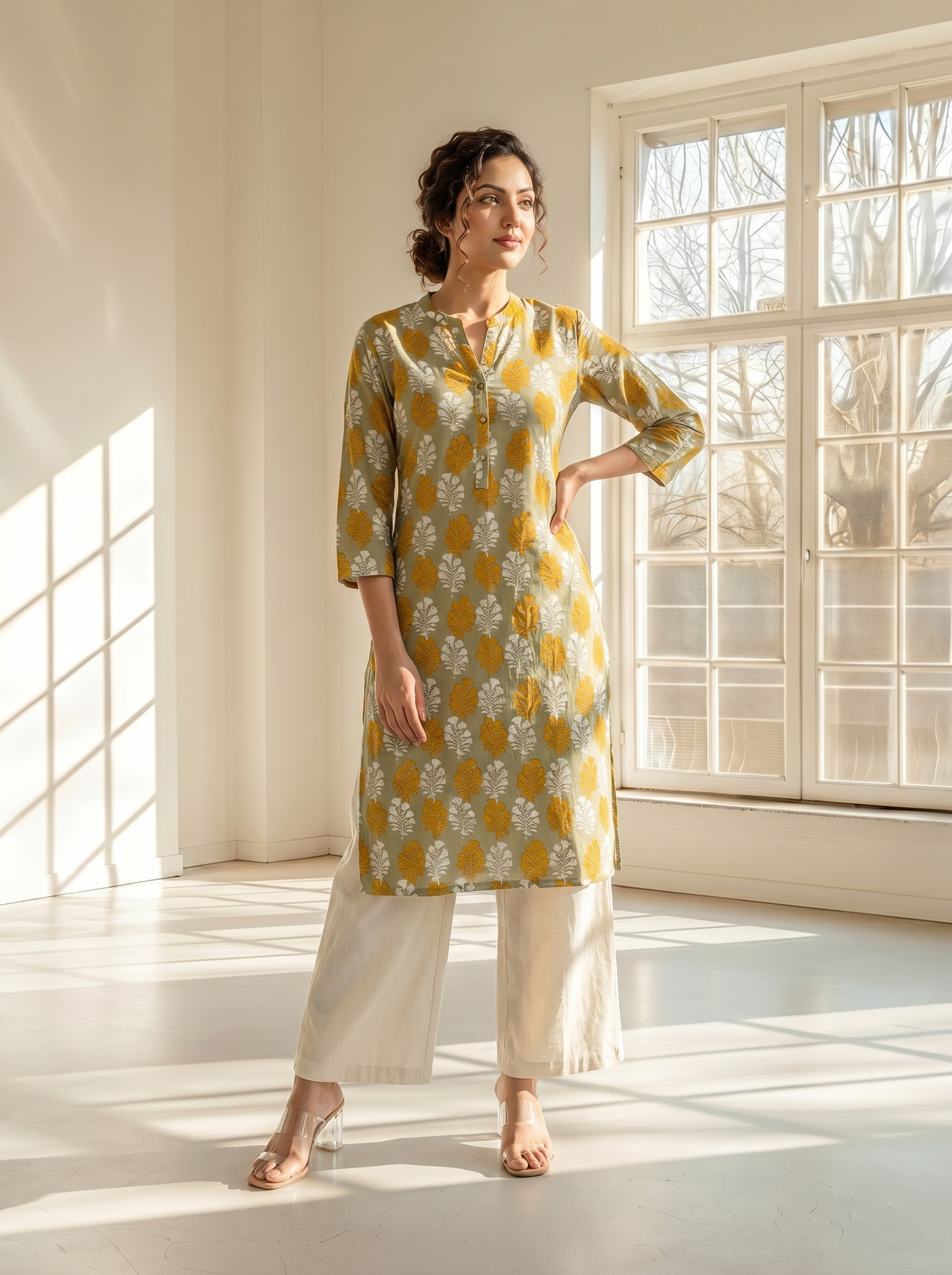 Olive Grey Rayon Bagh Print Stand Collar Straight Fit Long Kurti