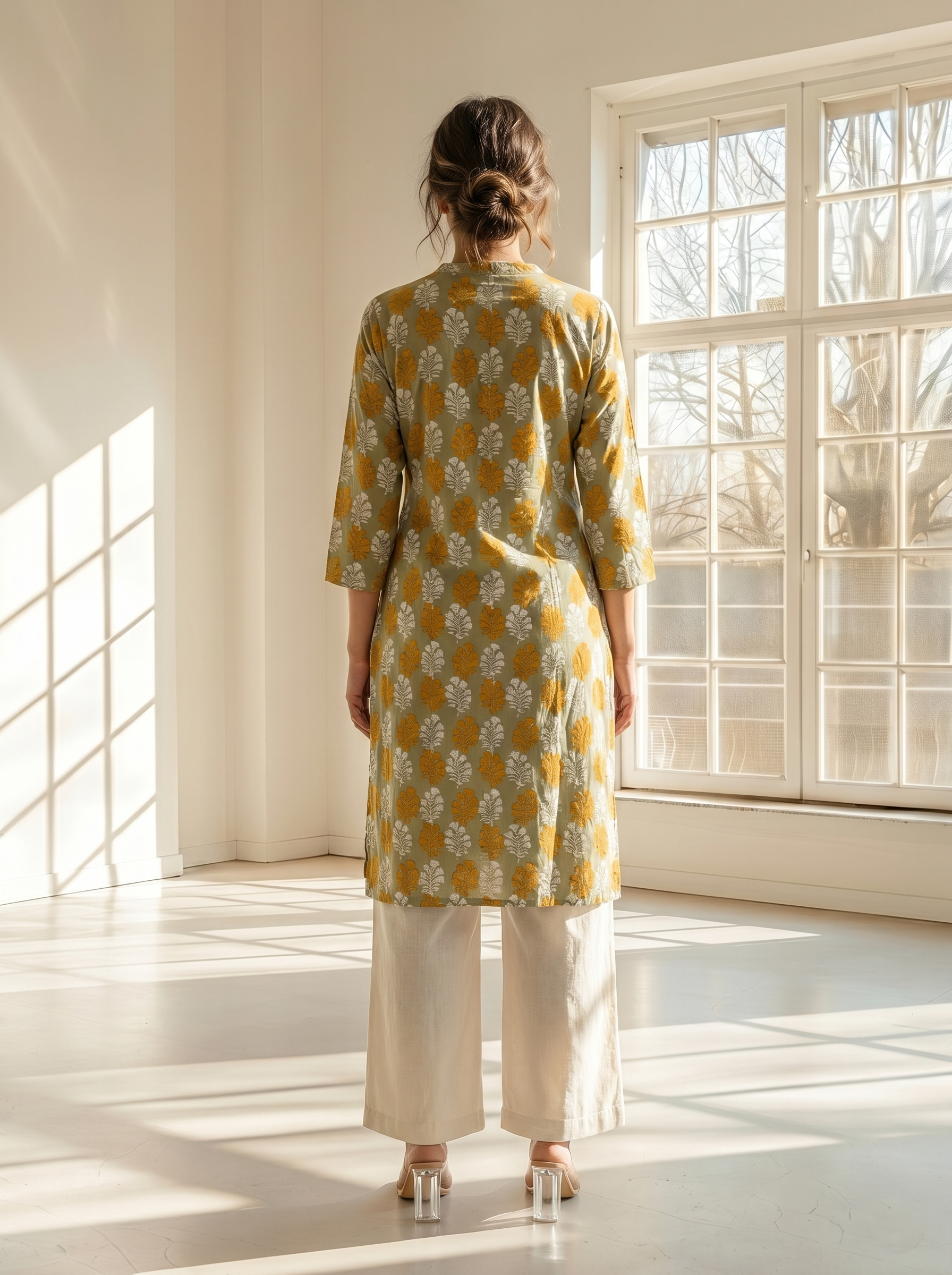 Olive Grey Rayon Bagh Print Stand Collar Straight Fit Long Kurti