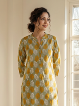 Olive Grey Rayon Bagh Print Stand Collar Straight Fit Long Kurti