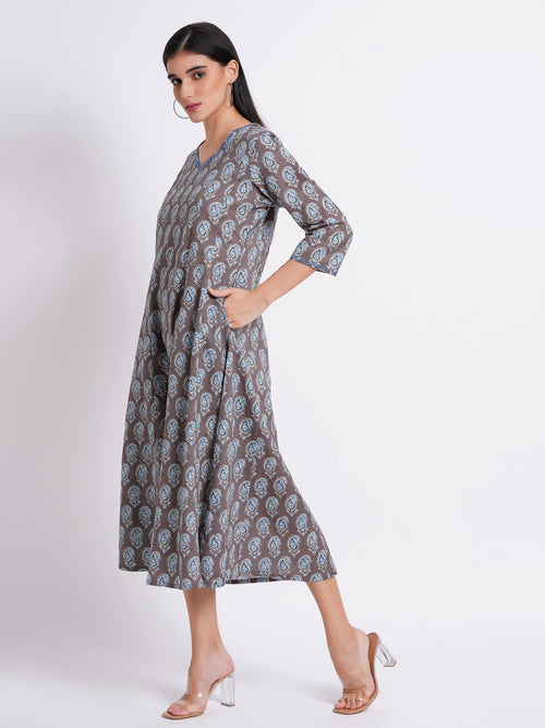 Printed Flared Long Kurti with Handcrafted Embellishments