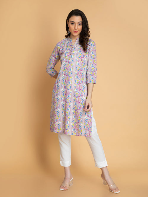 Abstract Printed Rayon Long Kurti with Craft Buttons