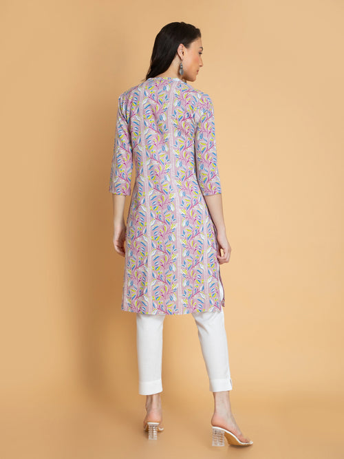 Abstract Printed Rayon Long Kurti with Craft Buttons