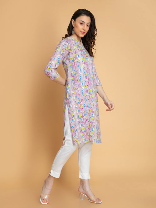 Abstract Printed Rayon Long Kurti with Craft Buttons