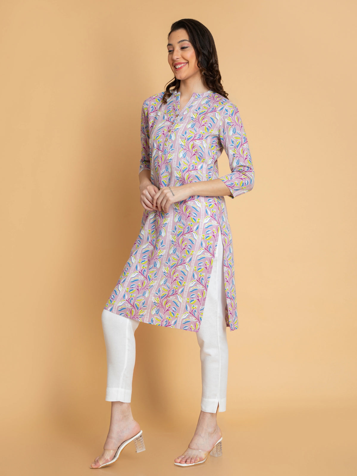 Abstract Printed Rayon Long Kurti with Craft Buttons