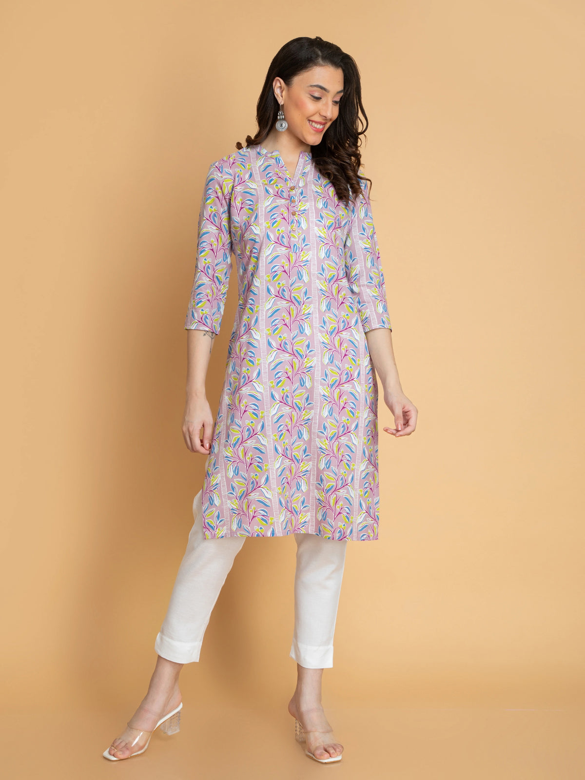 Abstract Printed Rayon Long Kurti with Craft Buttons