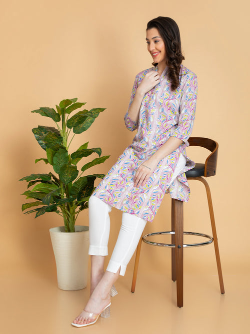 Abstract Printed Rayon Long Kurti with Craft Buttons