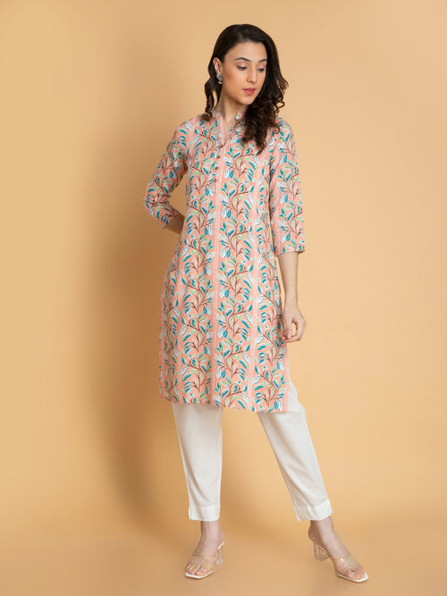 Abstract Printed Rayon Long Kurti with Craft Buttons